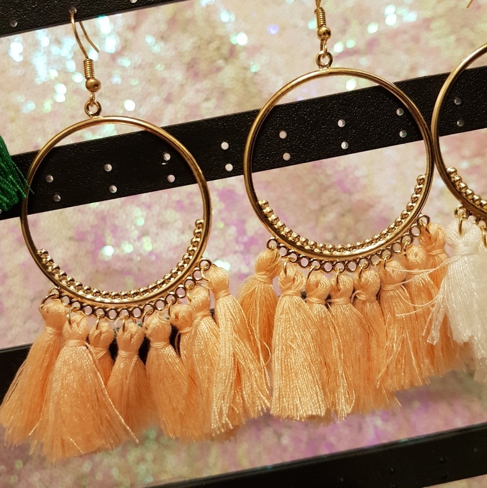 Peachy pink tassel hoops